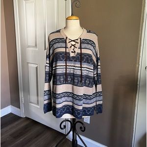 Chaps patterned stripe lace-up sweater